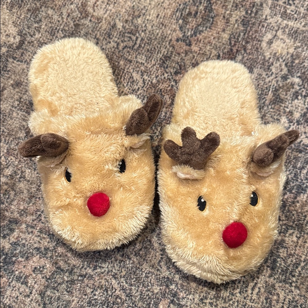 Cozy Reindeer Kids Slippers - Tan and Brown Size 1/2 Big Kid